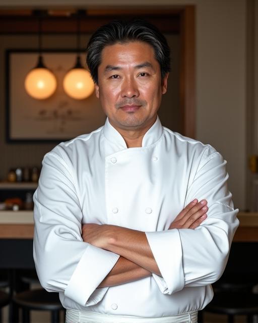 白衣を纏い、真剣な眼差しで腕を組む料理長 田中健司